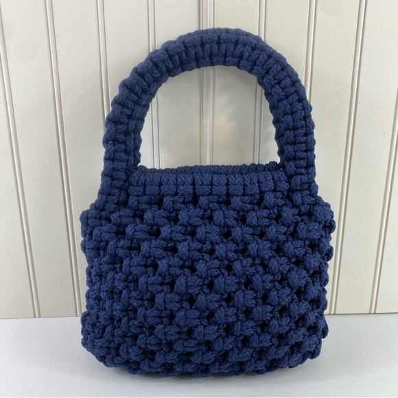 Blue Mini Macramé Handmade Crochet‎ Bag with Textured Design - Picture 2 of 9